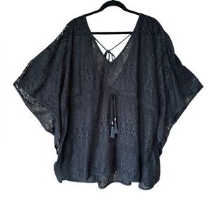 Black Lace Womens Pool Cover Up Tie Strings‎ Tassels V Neck Elastic Waist SZ XL